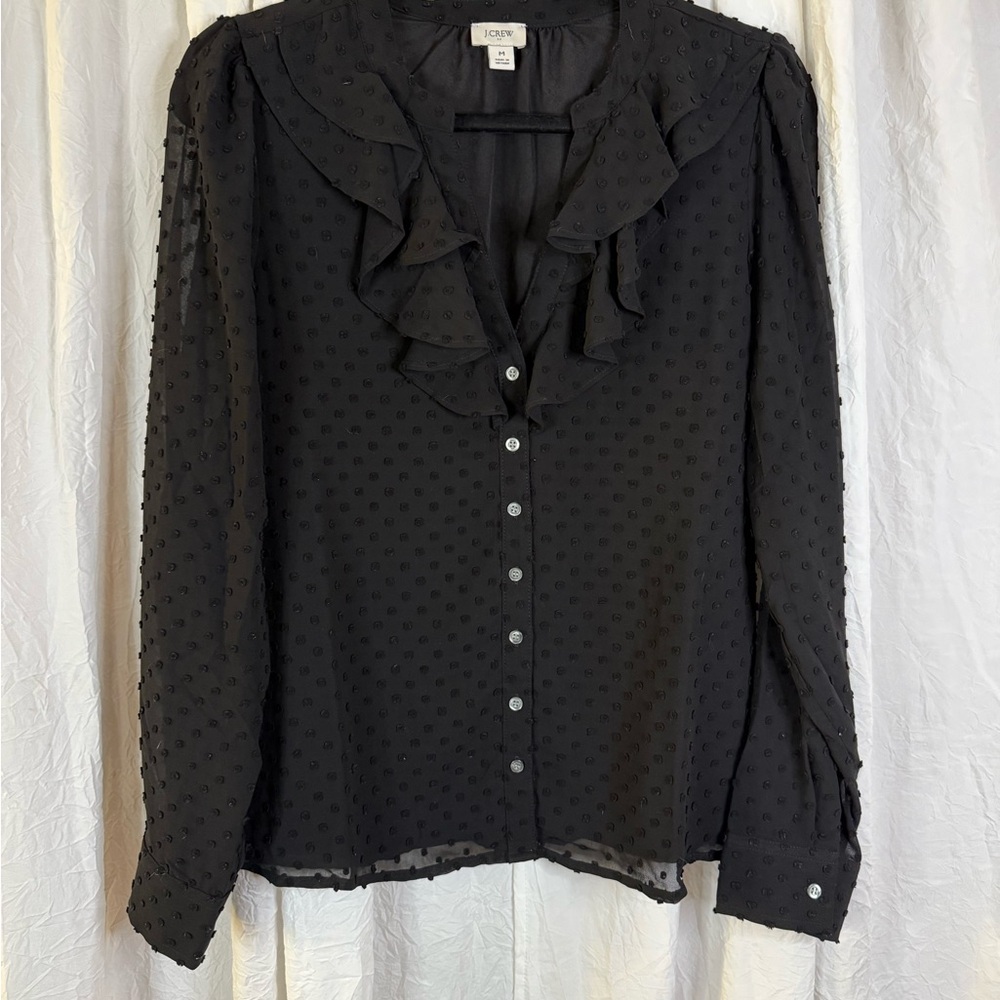 J. Crew Black Textured Ruffle Blouse